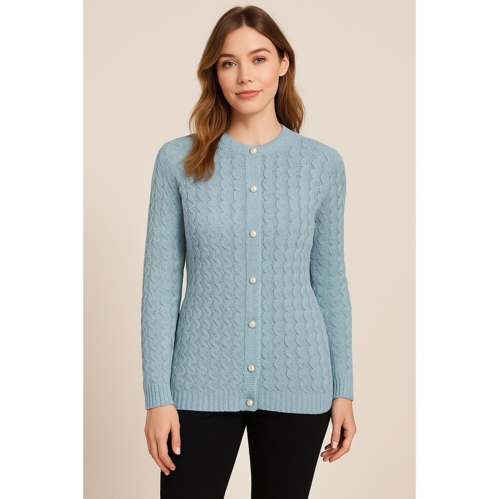 British Vogue Light Blue Knit‎ Cardigan Women's S/M  Pearl Button Sweater